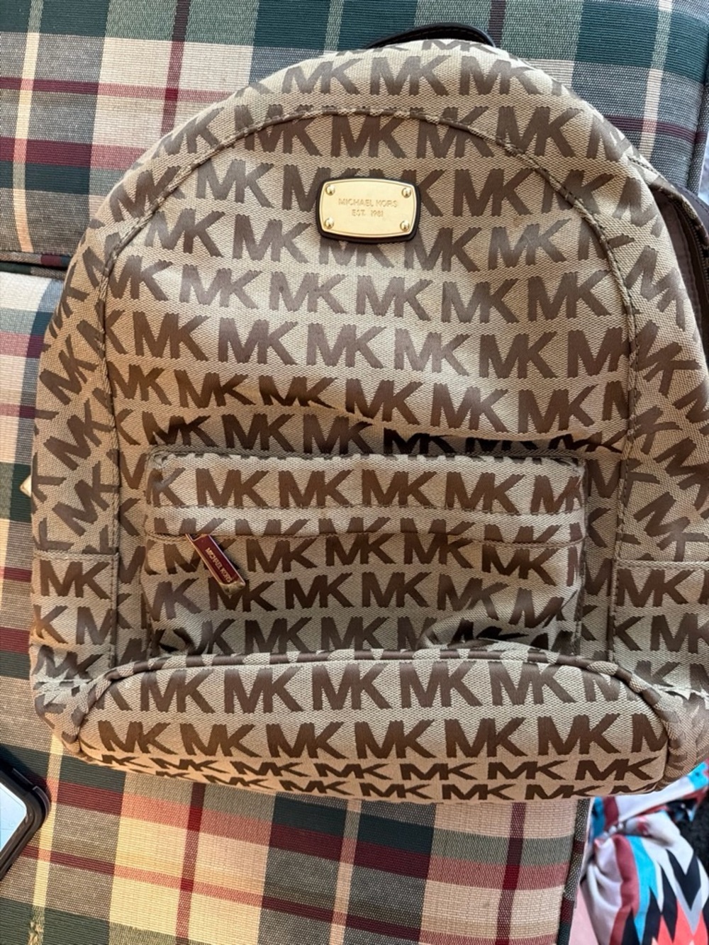 Michael Kors Beige/Brown MK Logo Backpack with Gold Plaque